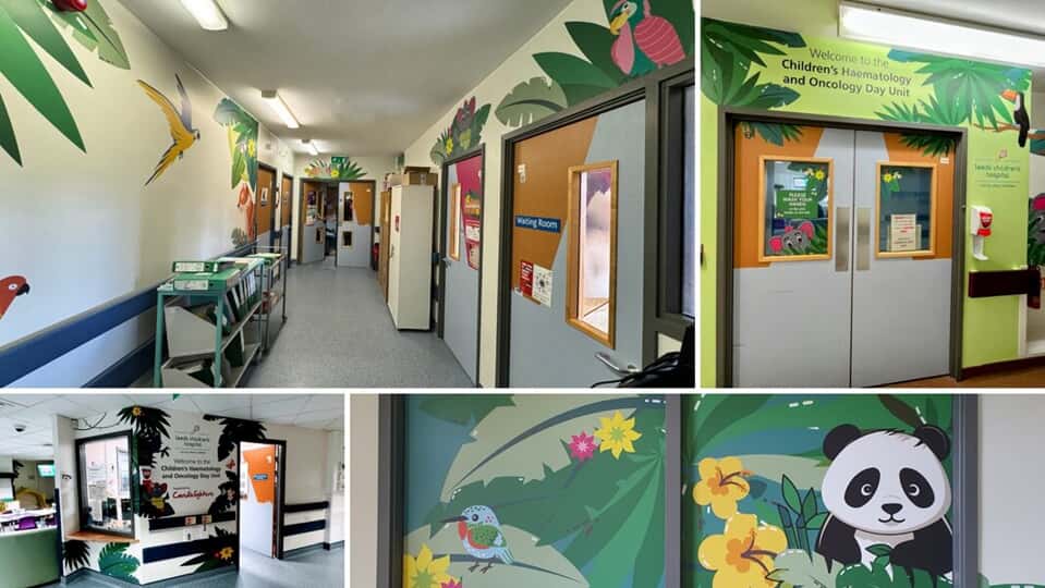 A collage of the bright green and animal themed wall graphics along wings of the hospital.